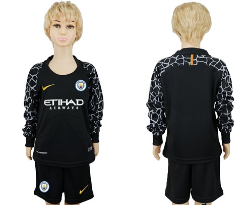 Manchester City Blank Black Goalkeeper Long Sleeves Kid Soccer Club Jersey